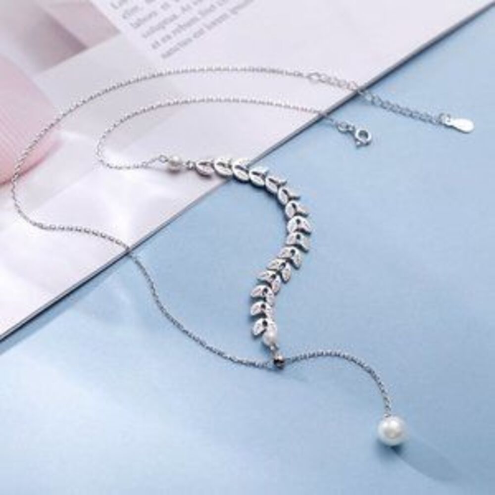NEW 925 Sterling Silver Leaf Arrow Pearl Necklace